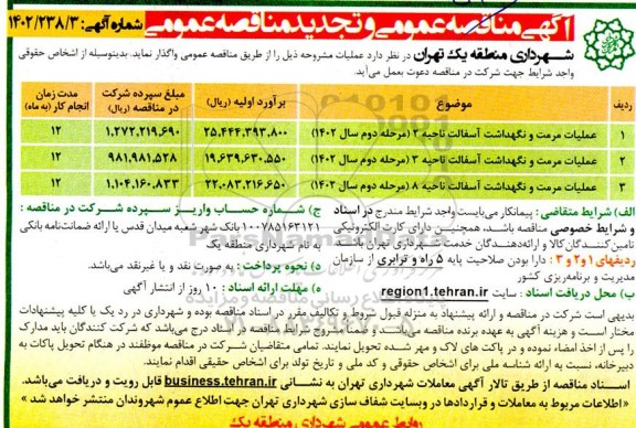مناقصه عملیات مرمت و نگهداشت آسفالت