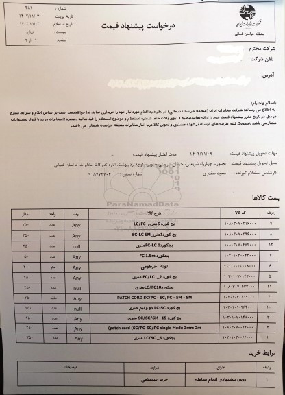 استعلام پچ کورد 5 متری LC/FC....