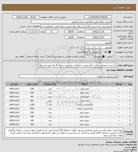 استعلام یک لیست مصرفی دیالیز ( فایل پیوست ):صافی دیالیز،پودر سوبگ B و S،سوزن فیستولا