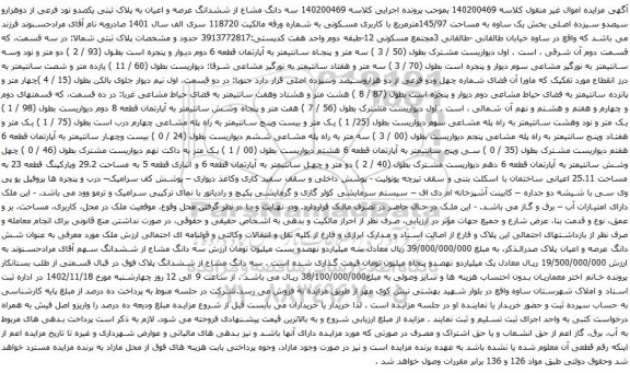آگهی مزایده سه دانگ مشاع از ششدانگ عرصه و اعیان به پلاک ثبتی یکصدو نود فرعی از دوهزارو سیصدو سیزده اصلی بخش یک ساوه به مساحت 145/97مترمربع