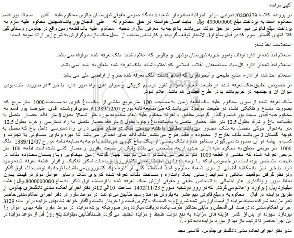 مزایده فروش یک قطعه زمین به مساحت 100 متر مربع بخشی از یک باغ کیوی به مساحت 1000 متر مربع