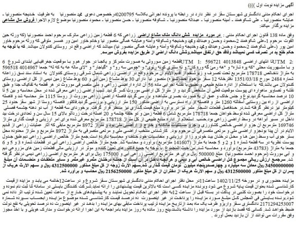 مزایده فروش شش دانگ ملک مشاع اراضی زراعی که 6 قطعه زمین زراعی
