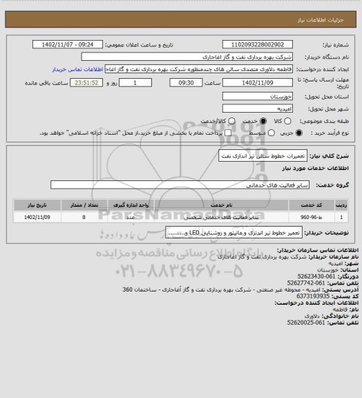 استعلام تعمیرات خطوط سالن تیر اندازی نفت