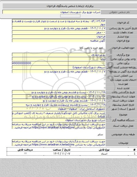 مناقصه, خرید یراق آلات مکانیکی کابل خودنگهدارفشار ضعیف ۶ رشته ای (کلمپ انتهائی و آویزی)