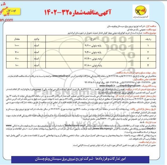 مناقصه خرید انواع پایه بتونی چهارگوش فشار ضعیف 