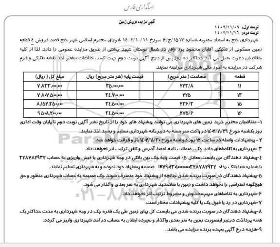 مزایده فروش چهار قطعه زمین مسکونی