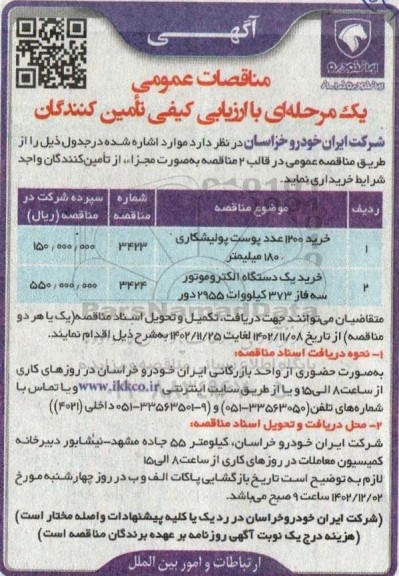 مناقصه خرید 1200 عدد پوست پولیشکاری 180 میلیمتر ..