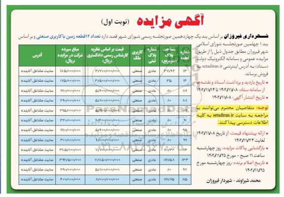 مزایده فروش تعداد 12 قطعه زمین با کاربری صنعتی