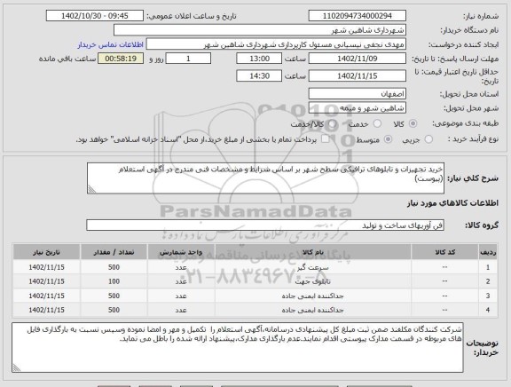 استعلام خرید تجهیزات و تابلوهای ترافیکی سطح شهر 