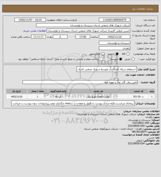 استعلام استعلام شبکه برق فشار متوسط شهرک صنعتی کنارک