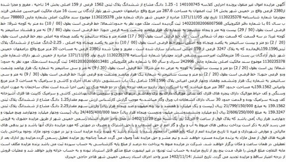 آگهی مزایده  1.25 دانگ مشاع از ششدانگ پلاک ثبتی 1562 فرعی از 159 اصلی بخش 14 ناحیه ، مفروز و مجزا شده از2380 فرعی