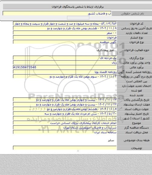 مناقصه, انجام خدمات کارکنان پیمانکاری نیروی انسانی حراست