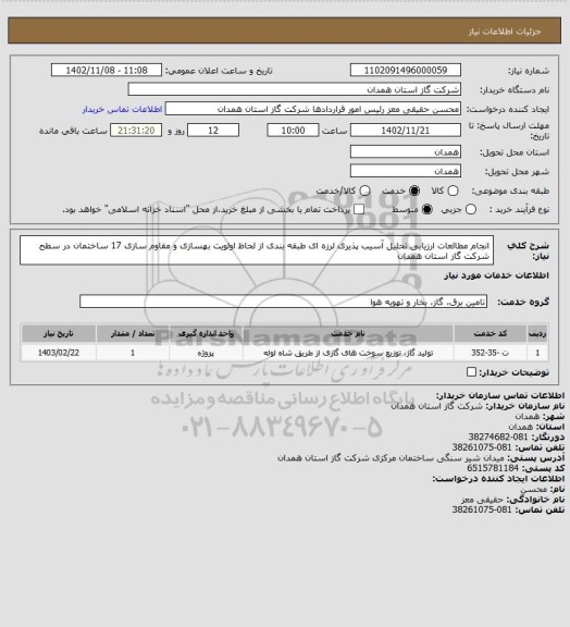استعلام انجام مطالعات ارزیابی تحلیل آسیب پذیری لرزه ای طبقه بندی از لحاظ اولویت بهسازی و مقاوم سازی 17 ساختمان در سطح شرکت گاز استان همدان