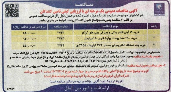 مناقصه خرید 19 آیتم اقلام یدکی و مصرفی پمپ های گراکو....