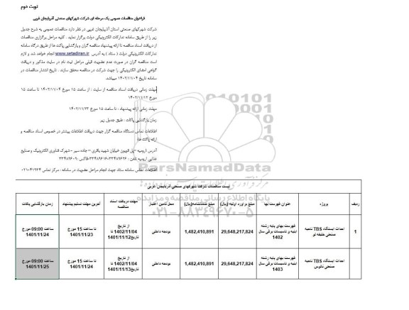 مناقصه احداث ایستگاه TBS ناحیه صنعتی ... - نوبت دوم