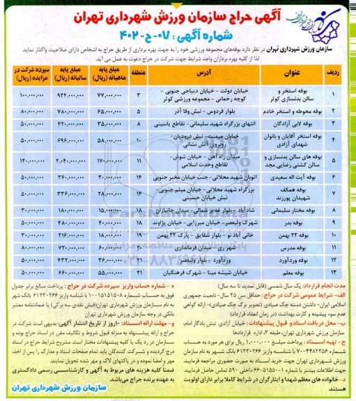 آگهی حراج بوفه های مجموعه ورزشی