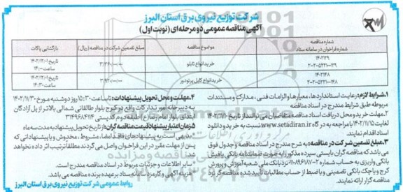 مناقصه خرید انواع تابلو  و کابل پرتودور 