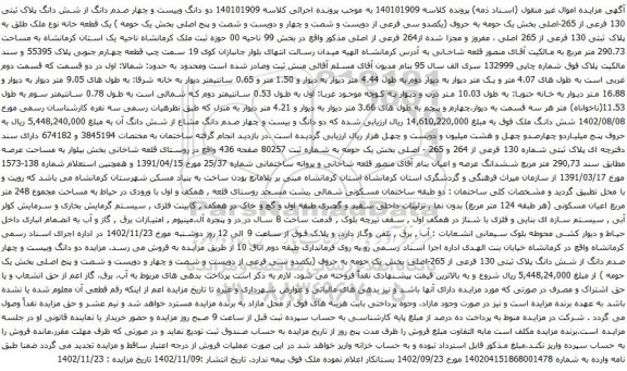 آگهی مزایده و دانگ وبیست و چهار صدم دانگ از شش دانگ پلاک ثبتی 130 فرعی از 265-اصلی