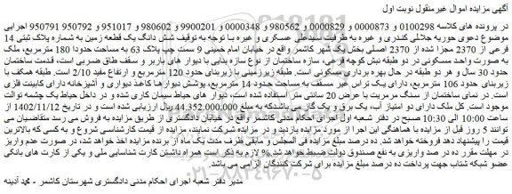مزایده فروش شش دانگ یک قطعه زمین به شماره پلاک ثبتی 14 فرعی از 2370 مجزا شده از 2370 اصلی