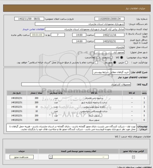 استعلام خرید گیاهان مطابق شرایط پیوستی