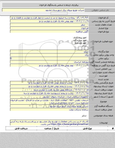مناقصه, خدمات تلفنی ۱۵۲۱- اتفاقات ملک اباد - نظارت بر نصب و اصلاح - تجدید فرخوان مشاوره سرت -احداث سوله ورزشی انبار
