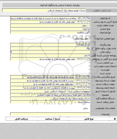 مناقصه, واگذاری  امور نقلیه ستاد و نواحی تابعه به صورت حجمی