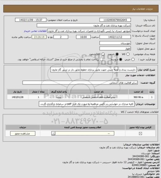 استعلام داربست بندی و تخته چینی جهت عایق برداری خطوط عایق دار در تزریق گاز مارون