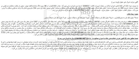 مزایده فروش مقدار 3/333 سهم مشاع از 96 سهم ملک مذکور تحت پلاک ثبتی 471 فرعی از 2397 اصلی  