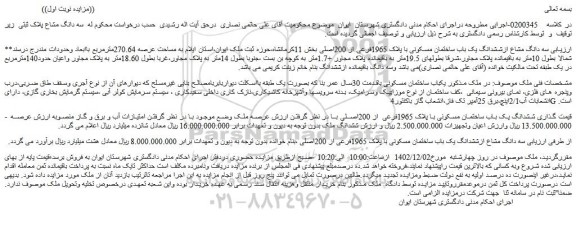مزایده فروش سه دانگ مشاع ازششدانگ یک باب ساختمان مسکونی با پلاک 1965فرعی از 200اصلی 