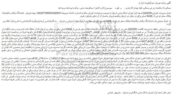 مزایده فروش ششدانگ یکباب یکبابخانه پلاک صفر فرعی از 6426 اصلی 