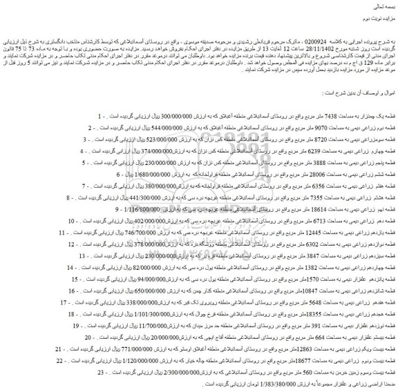 مزایده فروش زمین قطعه یک چمنزار به مساحت 7438 متر مربع