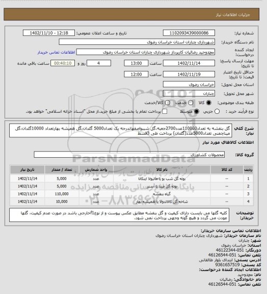 استعلام گل بنفشه به تعداد110000عدد2700جعبه،گل شببواصفهاندرجه یک تعداد5000 گلدان،گل همیشه بهارتعداد 10000گلدان،گل میناچمنی تعداد5000عدد(گلدان) پرداخت طی 3قسط
