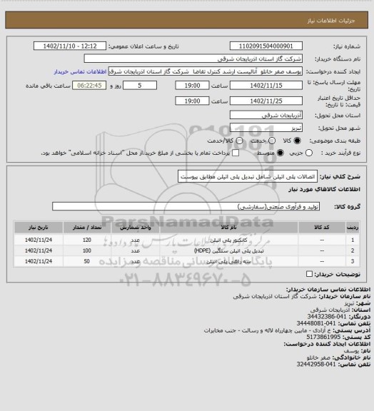 استعلام اتصالات پلی اتیلن شامل تبدیل  پلی اتیلن مطابق پیوست