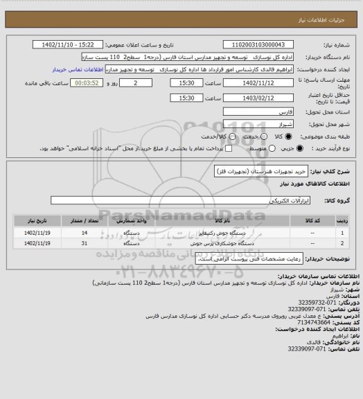 استعلام خرید تجهیزات هنرستان (تجهیزات فلز)