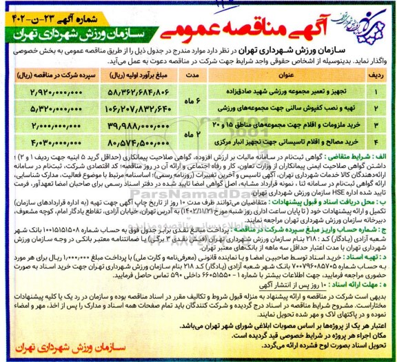 مناقصه تجهیز و تعمیر مجموعه ورزشی شهید صادق زاده ....