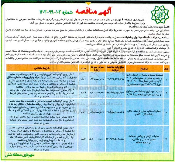 مناقصه عملیات مرمت و بازسازی جداول و انهار و ....