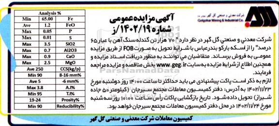 مزایده و مناقصه 70 هزار تن گندله سنگ آهن با عیار 65 درصد