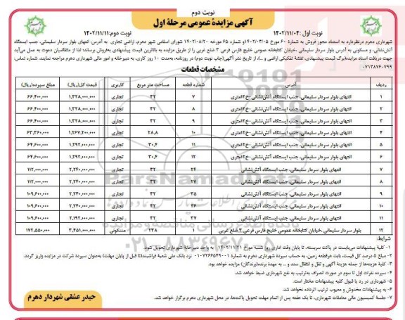 مزایده فروش اراضی تجاری  - نوبت دوم 