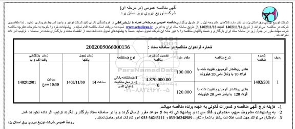 مناقصه هادی روکشدار آلومینیوم تقویت شده با فولاد
