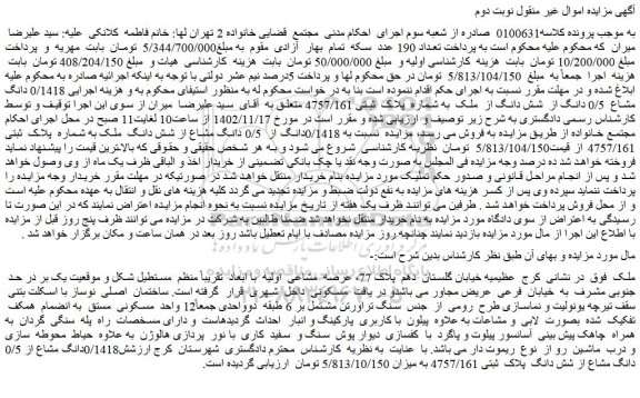 مزایده فروش 0/1418 دانگ مشاع  0/5 دانگ از  شش دانگ از  ملک  به شماره  پلاک  ثبتی 4757/161