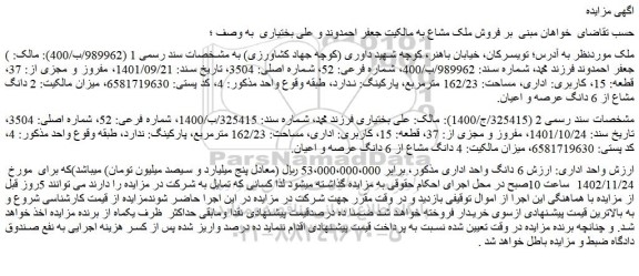 مزایده فروش 6 دانگ واحد اداری 