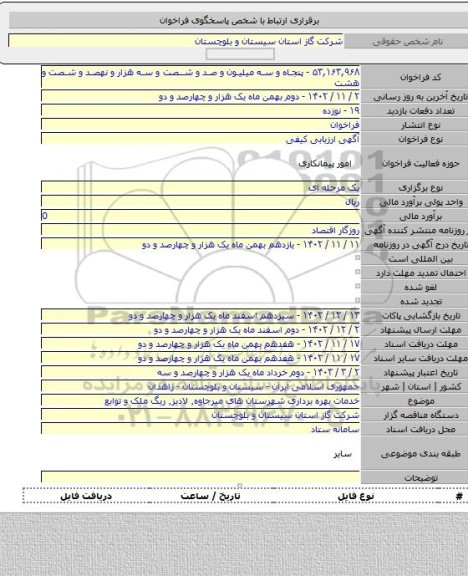 مناقصه, خدمات بهره برداری شهرستان های میرجاوه٬ لادیز٬ ریگ ملک و توابع