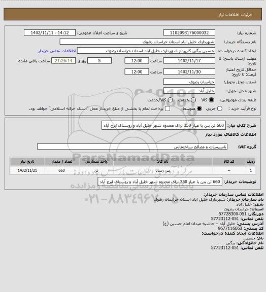استعلام 660 تن بتن با عیار 350 برای محدوه شهر خلیل آباد و روستای ایرج آباد