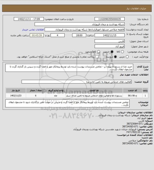 استعلام خرید غذا از رستوران بیرون بر - تمامی مستندات پیوست شده باید توسط پیمانکار مهر و امضا گردد و سپس بار گذاری گردد تا مشمول ابطال نگردد .