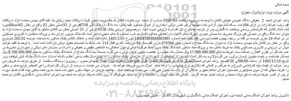 مزایده سه دانگ از پلاک ثبتی 9758فرعی از 33اصلی بخش 02 