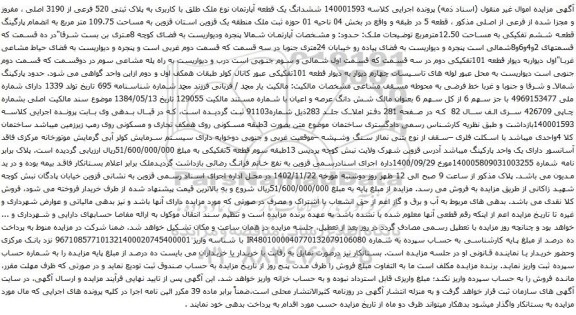 آگهی مزایده ششدانگ یک قطعه آپارتمان نوع ملک طلق با کاربری به پلاک ثبتی 520 فرعی از 3190 اصلی