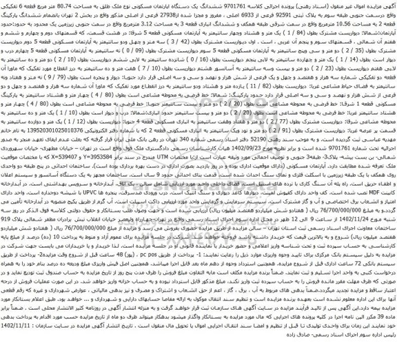 آگهی مزایده ششدانگ یک دستگاه اپارتمان مسکونی نوع ملک طلق به مساحت 80.74 متر مربع قطعه 6 تفکیکی 