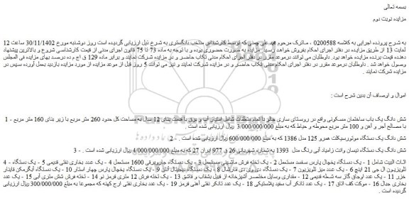 مزایده فروش شش دانگ یک باب ساختمان مسکونی  و ...