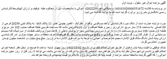 مزایده فروش ملک به پلاک ثبتی 20259 فرعی از 69 اصلی