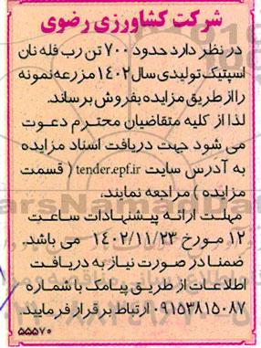 آگهی مزایده حدود 700 تن رب فله نان اسپتیک تولیدی سال 1402 مزرعه نمونه  